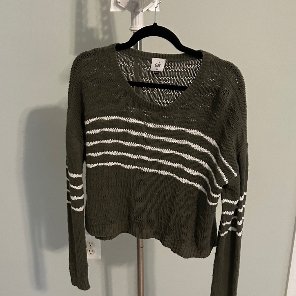 CAbi Olive and White Striped Sweater